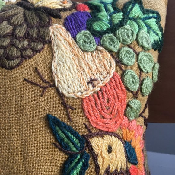 Vintage Finished Crewel Embroidery Repurposed Floral Rectangular Accent Pillow - Picture 14 of 16